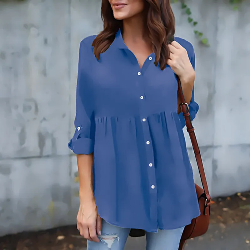 Button V-neck Pure Color Long Sleeves Loose Blouse