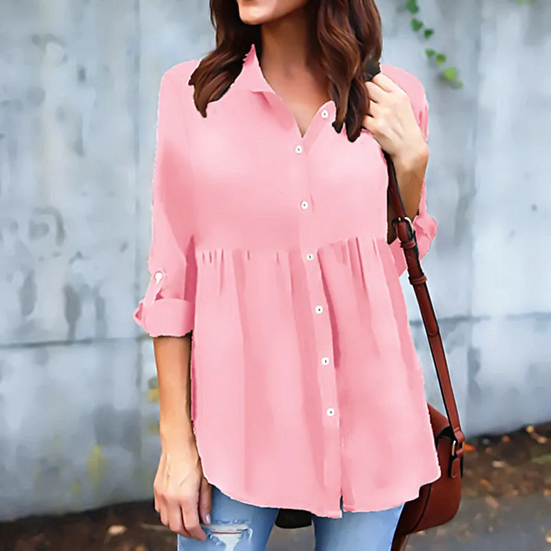 Button V-neck Pure Color Long Sleeves Loose Blouse