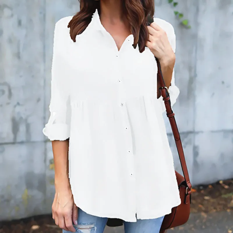 Button V-neck Pure Color Long Sleeves Loose Blouse