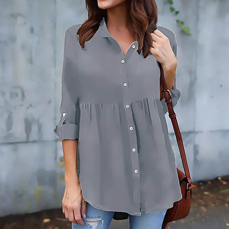 Button V-neck Pure Color Long Sleeves Loose Blouse