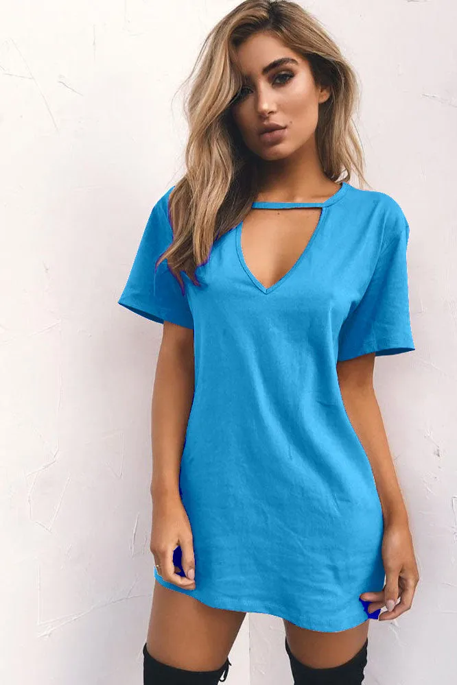 Candy Color Cut V-neck Short Sleeves Loose Short Dress