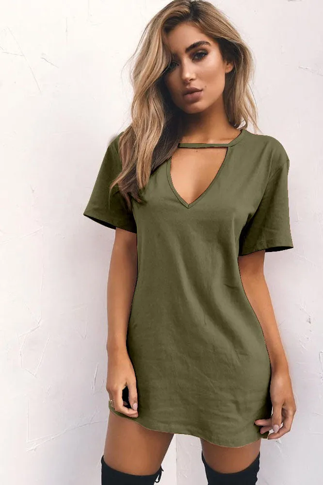 Candy Color Cut V-neck Short Sleeves Loose Short Dress