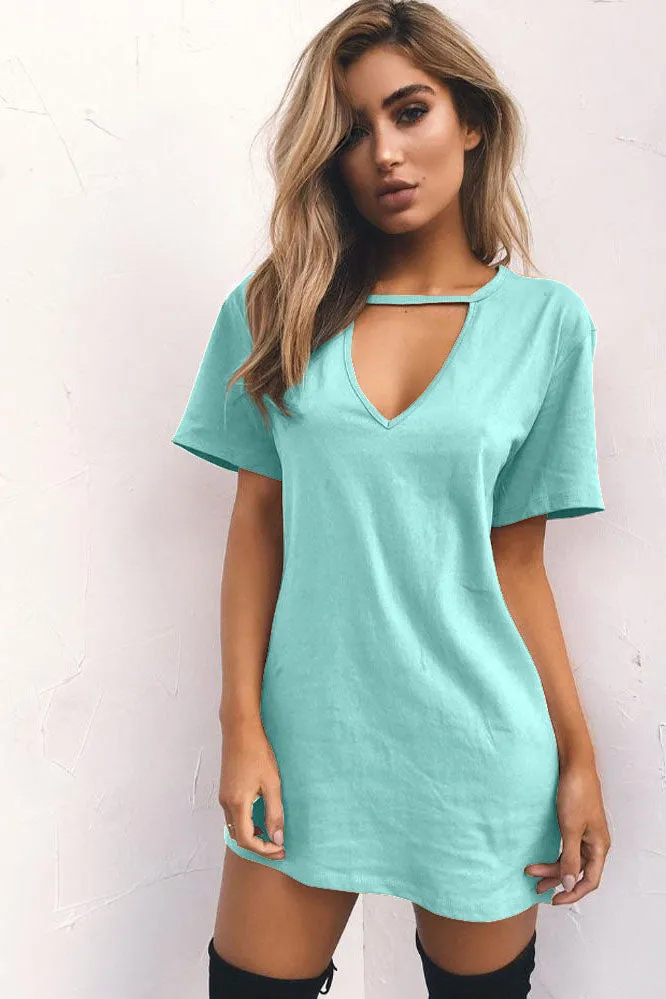 Candy Color Cut V-neck Short Sleeves Loose Short Dress