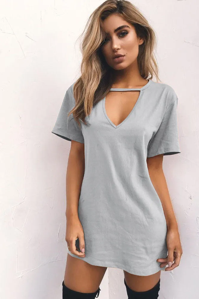 Candy Color Cut V-neck Short Sleeves Loose Short Dress