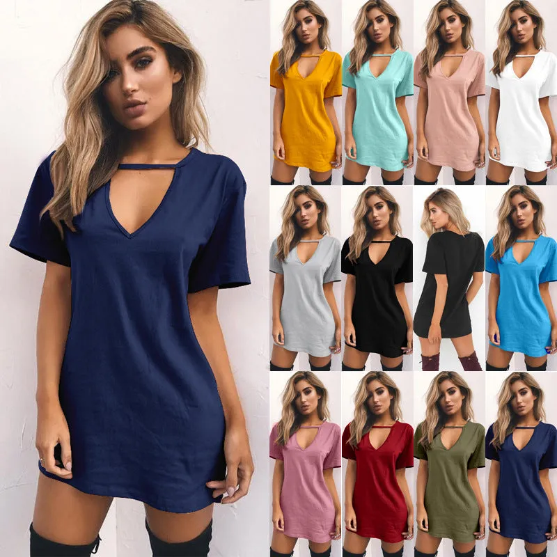 Candy Color Cut V-neck Short Sleeves Loose Short Dress