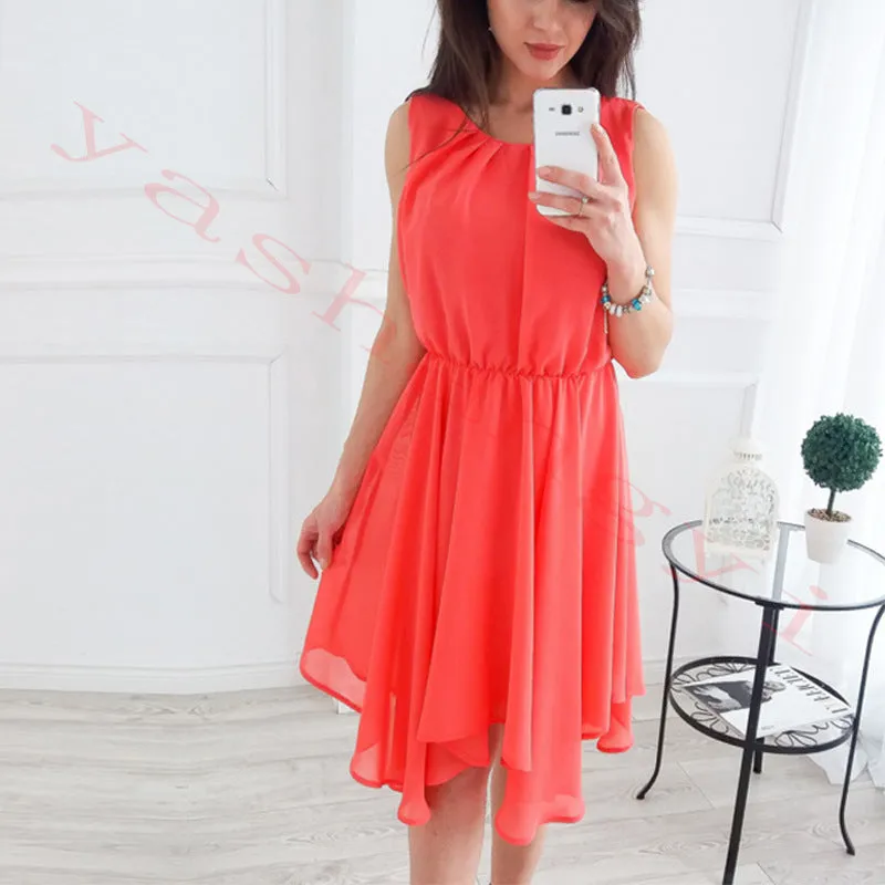 Candy Color Pleated Women Knee-length Bohemian Dress