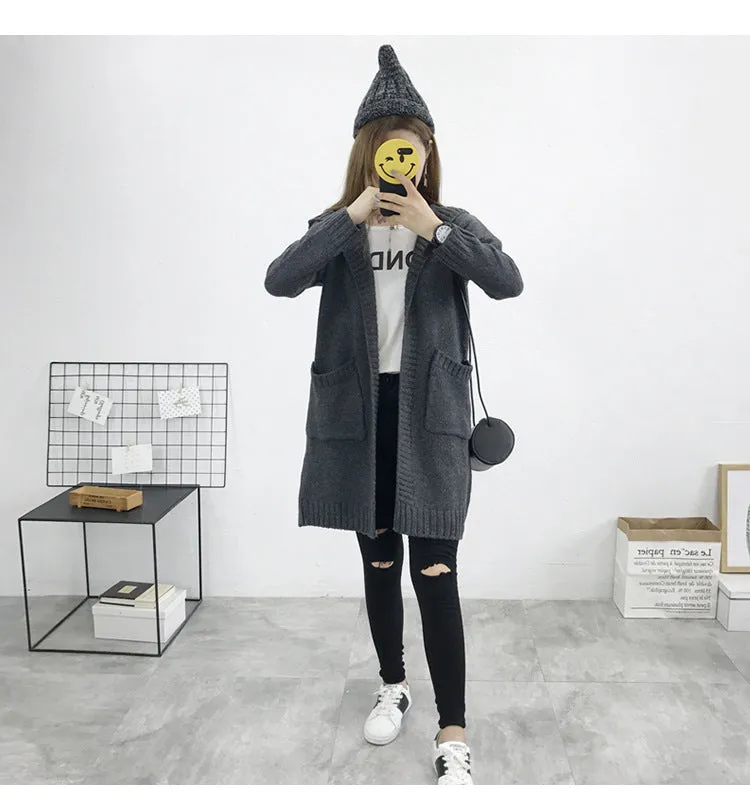 Candy Color Pockets Long Hooded Cardigan