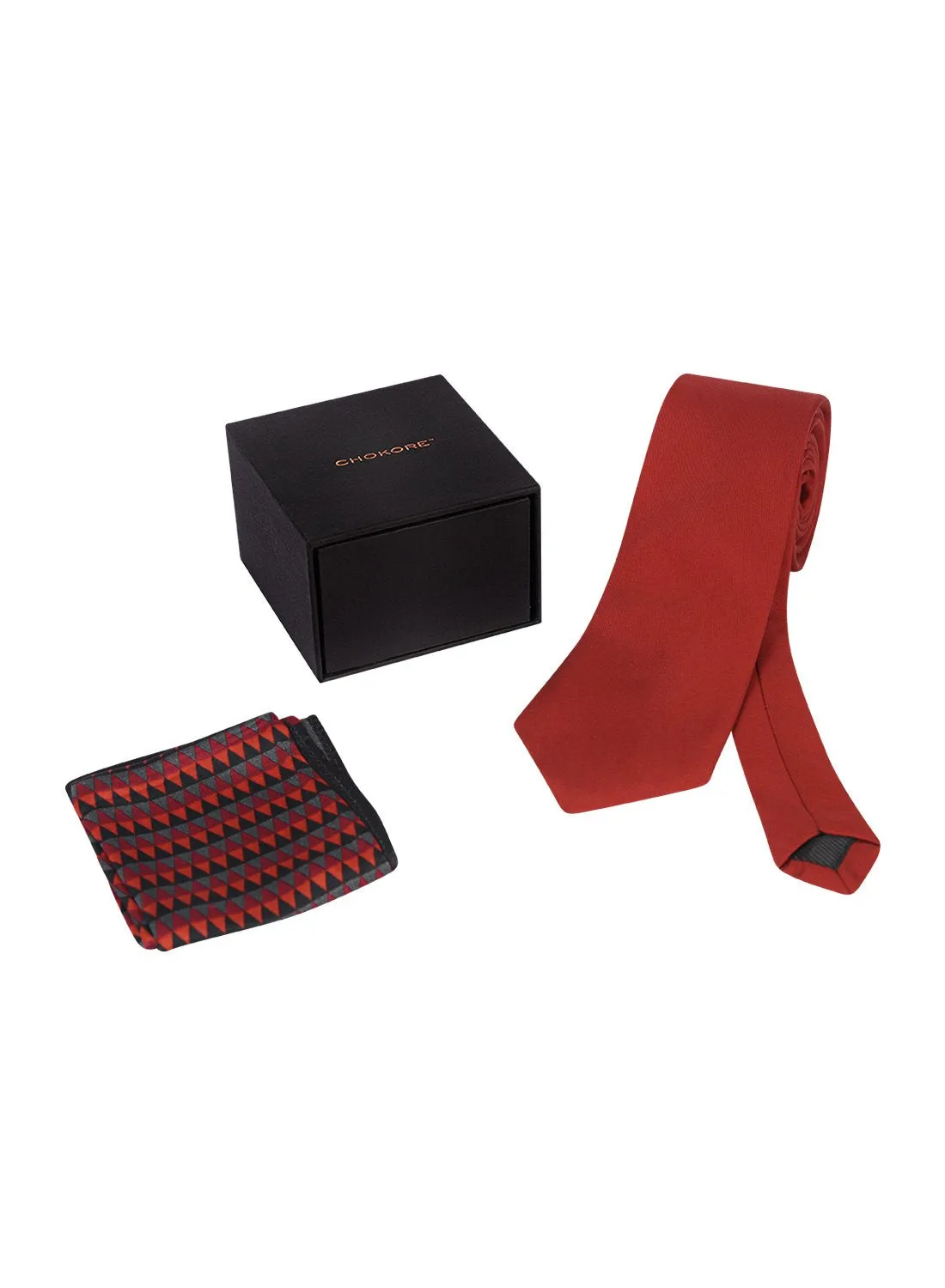 Chokore Red color silk tie & Red and Black Silk Pocket Square set