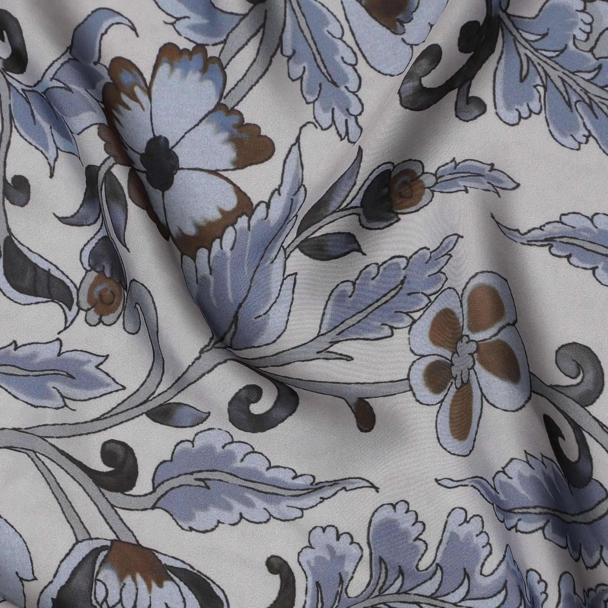 Classic Blue & Brown Floral Synthetic Modal Satin Fabric - Traditional Elegance, 110cm - Shop Online-D17973