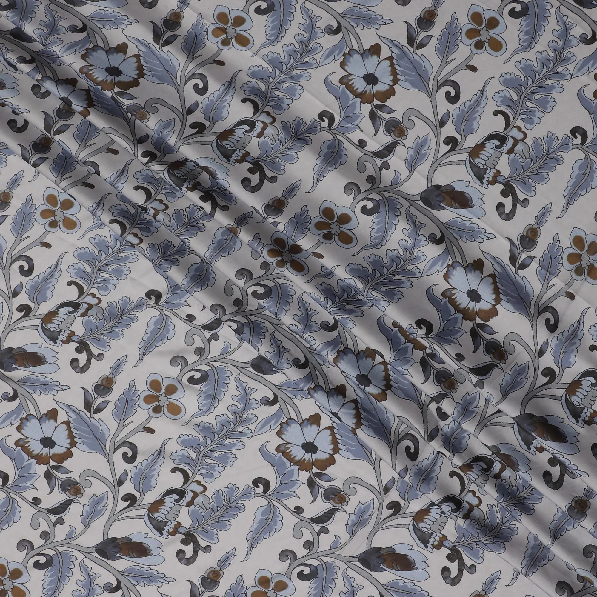 Classic Blue & Brown Floral Synthetic Modal Satin Fabric - Traditional Elegance, 110cm - Shop Online-D17973