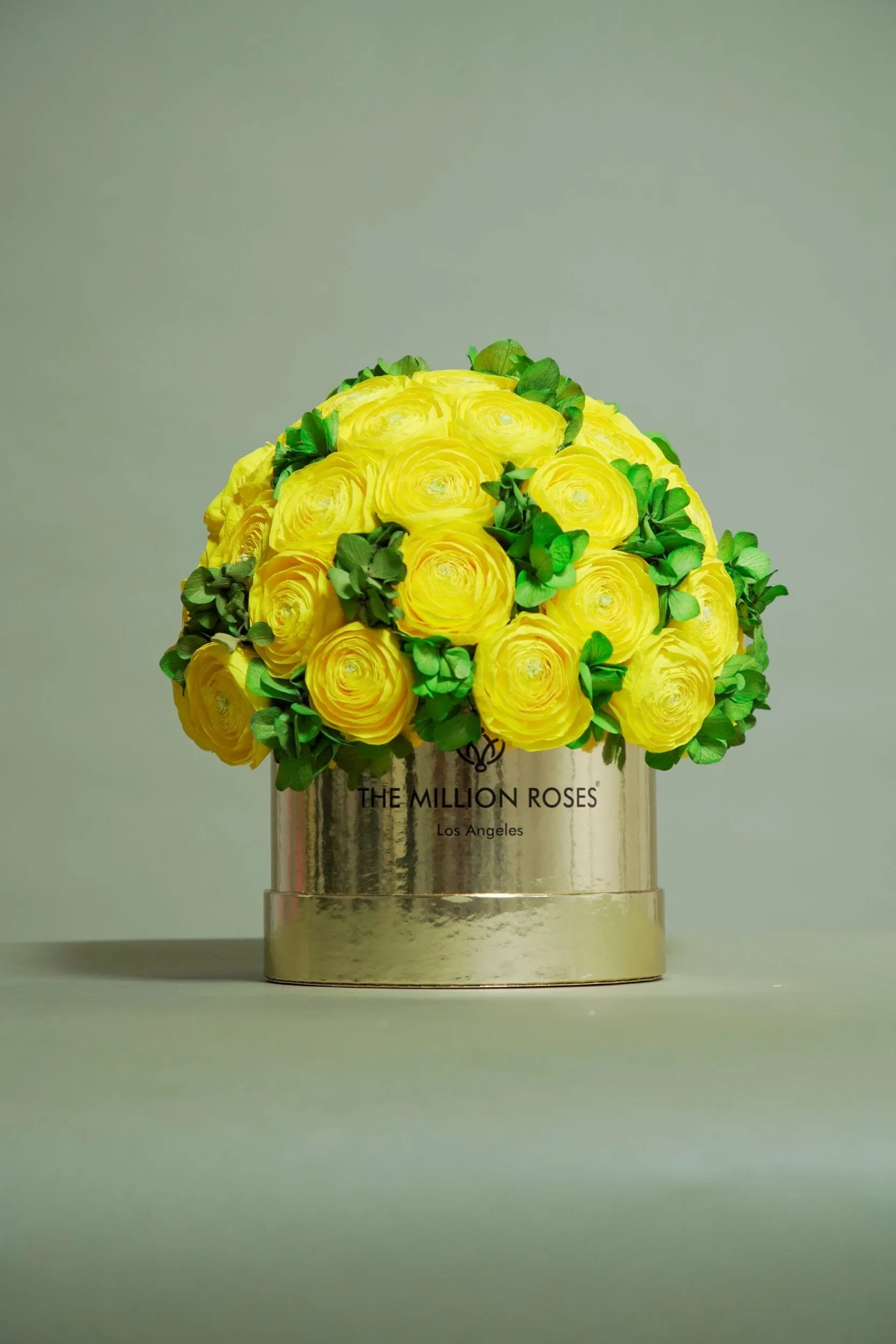 Classic Dark Green Suede Box | Yellow Persian Buttercups & Green Hydrangeas