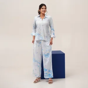 Co-Ord Set For Women | Hand Marble Printed | Plant Based Silk | Sky Blue