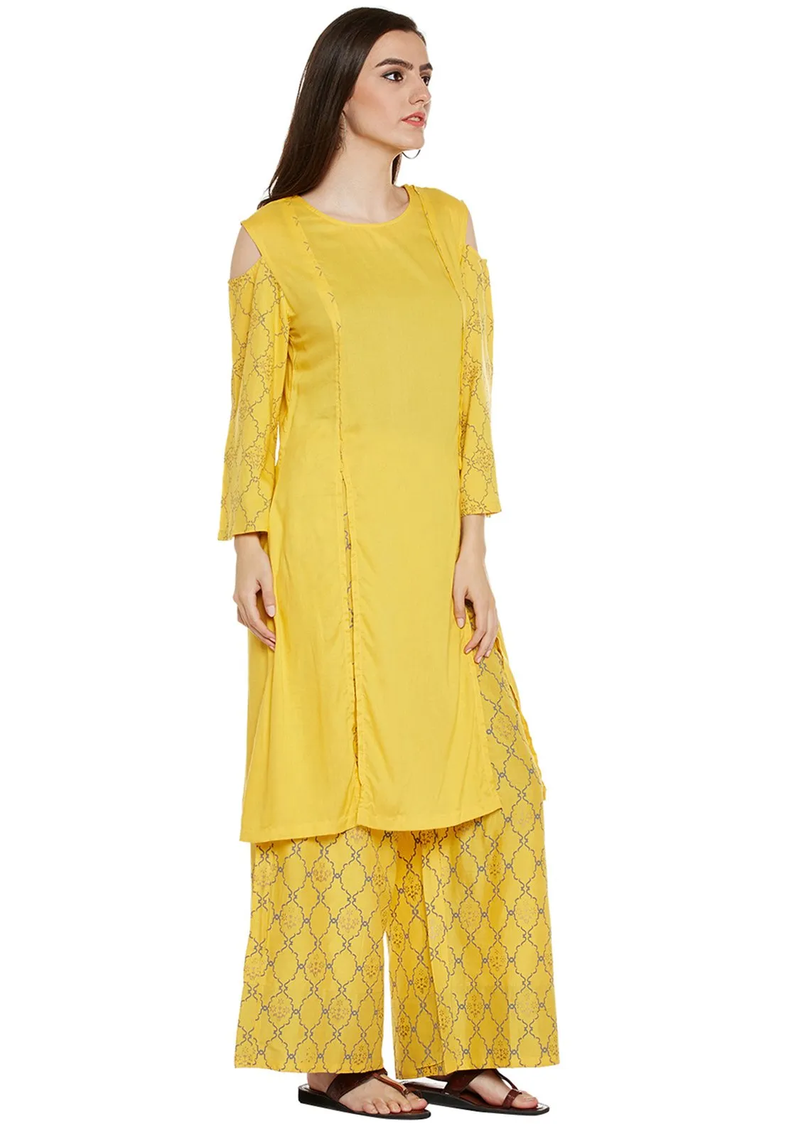 cotton viscose block printed cold shoulder kurta set