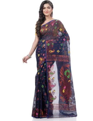 Desh Bidesh Woven Jamdani Pure Cotton Saree (Blue)