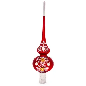 Dimensional Golden Flowers and Silver Swirls on Red Blown Glass Christmas Tree Topper 11 Inches