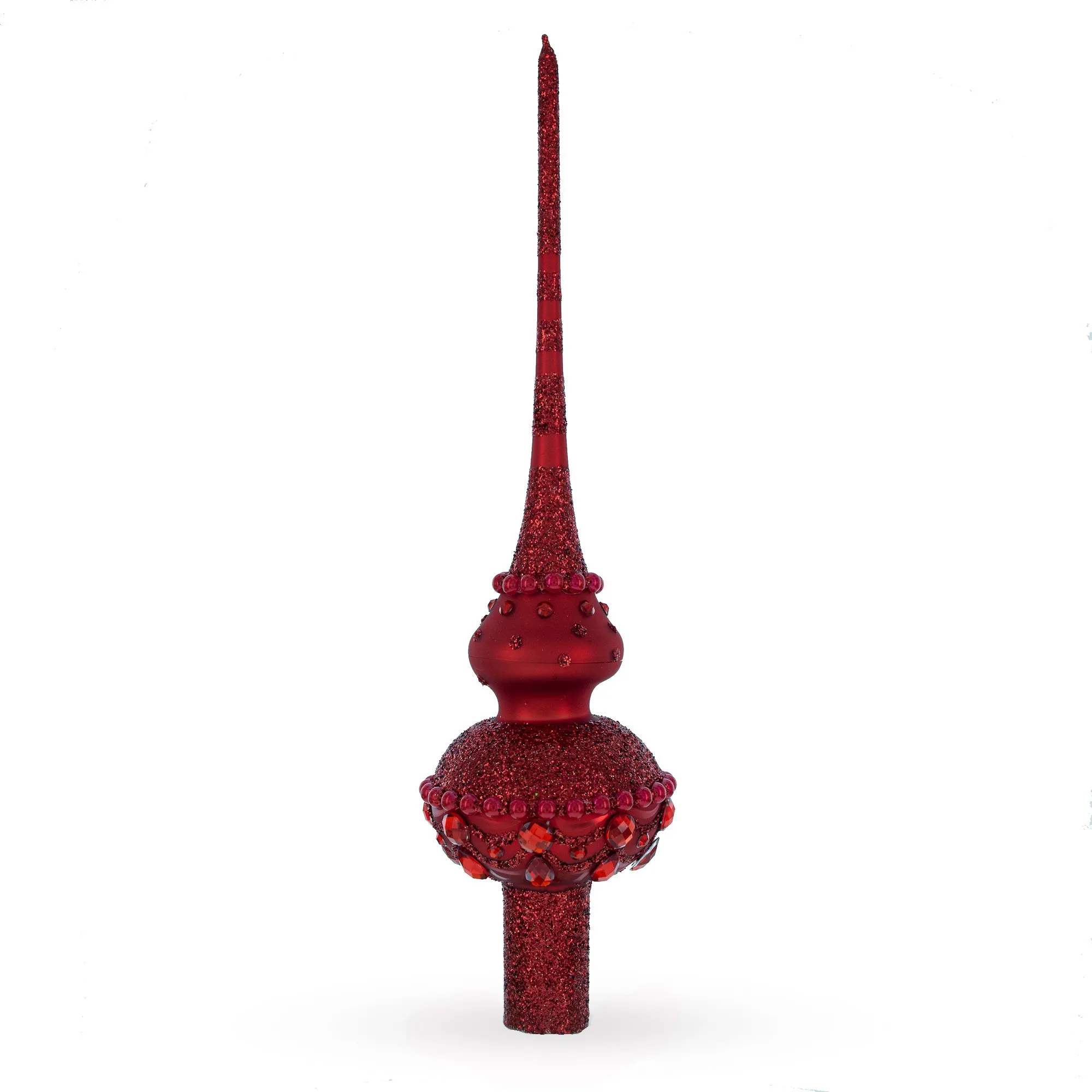 Dimensional Red Jewels Chandelier on Red Mouth Blown Glass Christmas Tree Topper 11 Inches