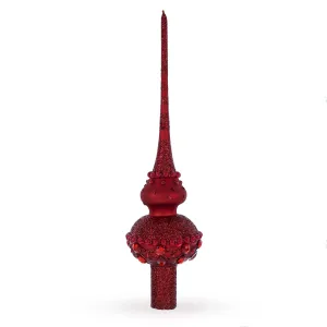 Dimensional Red Jewels Chandelier on Red Mouth Blown Glass Christmas Tree Topper 11 Inches