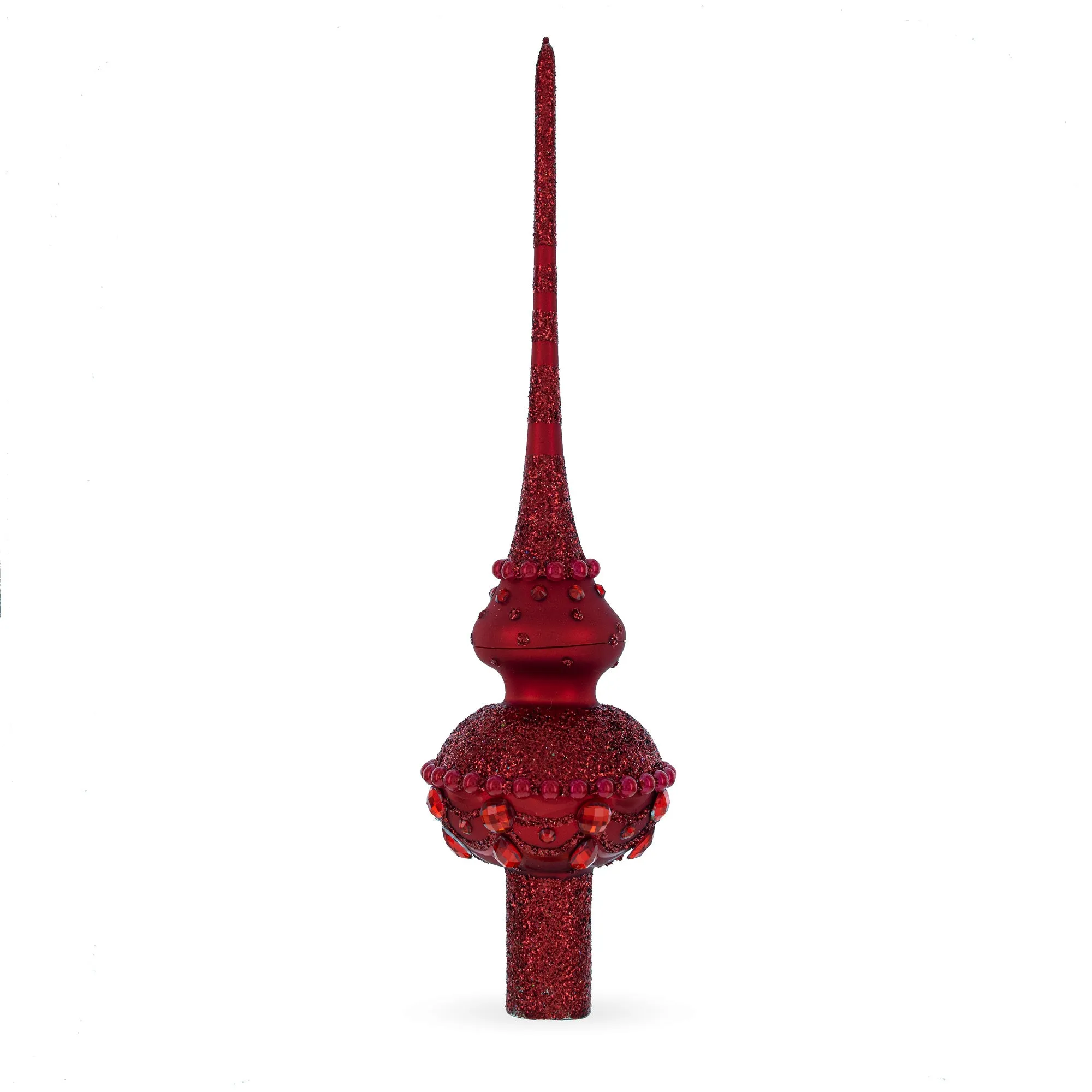 Dimensional Red Jewels Chandelier on Red Mouth Blown Glass Christmas Tree Topper 11 Inches