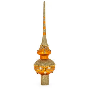 Dimensional White and Golden Jewels on Sparkling Orange Glass Christmas Tree Topper 11 Inches