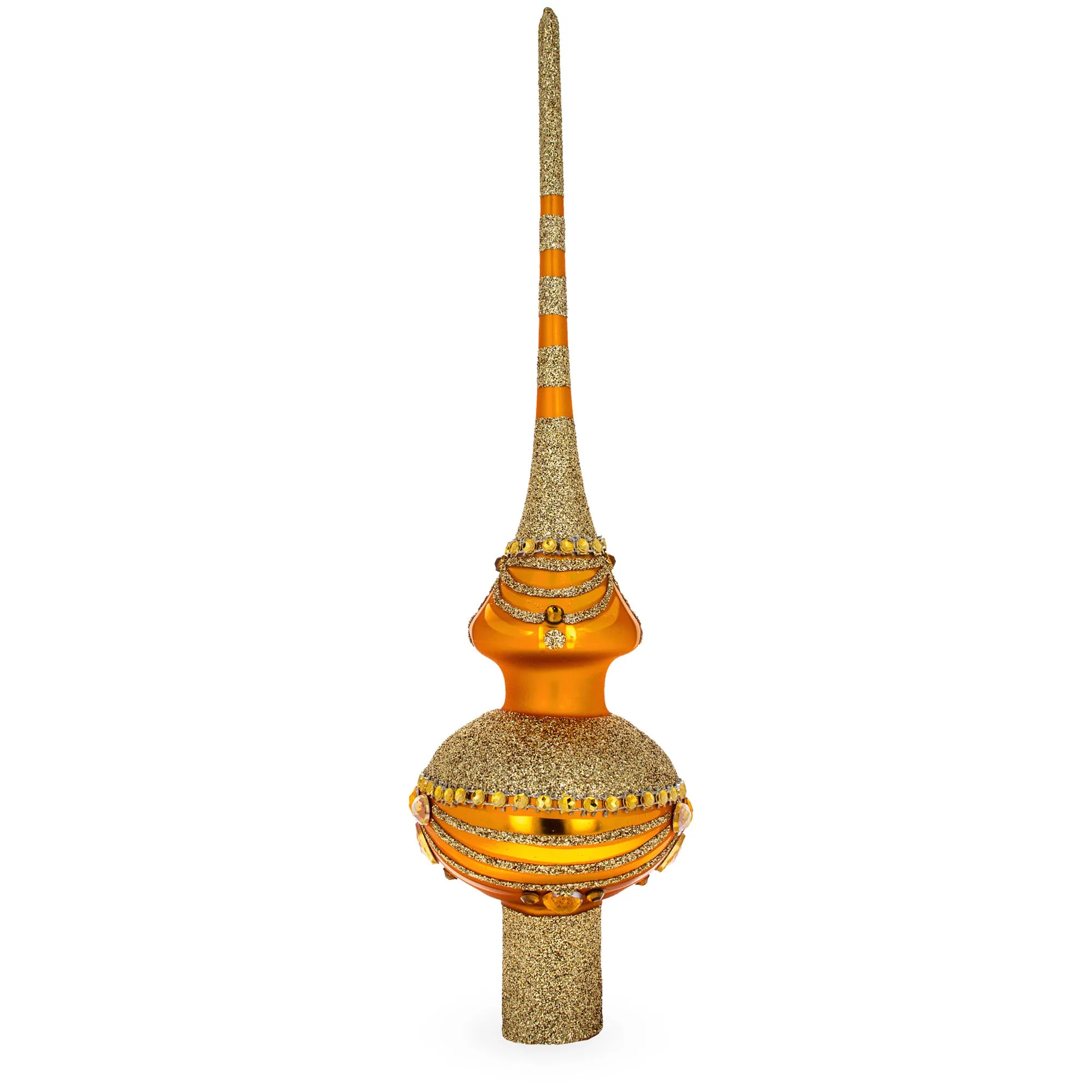 Dimensional White and Golden Jewels on Sparkling Orange Glass Christmas Tree Topper 11 Inches