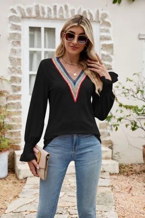 Double Rainbow V-Neck Boho Long Sleeve Knit Blouse | 7 Colors