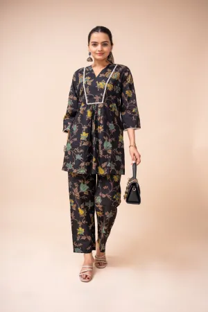 Ekisha's women black multicolor floral printed cotton co-ord set lounge wear