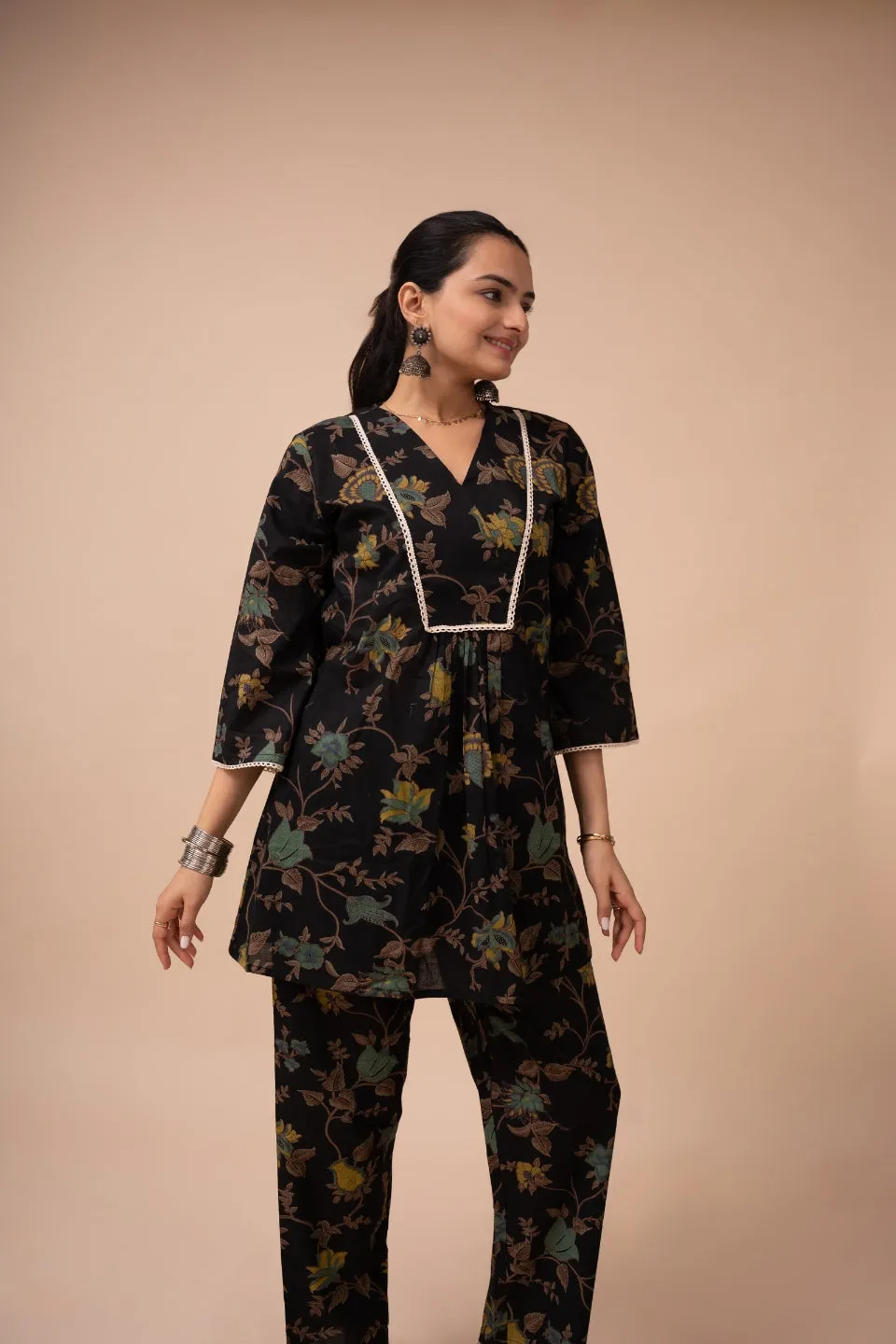 Ekisha's women black multicolor floral printed cotton co-ord set lounge wear