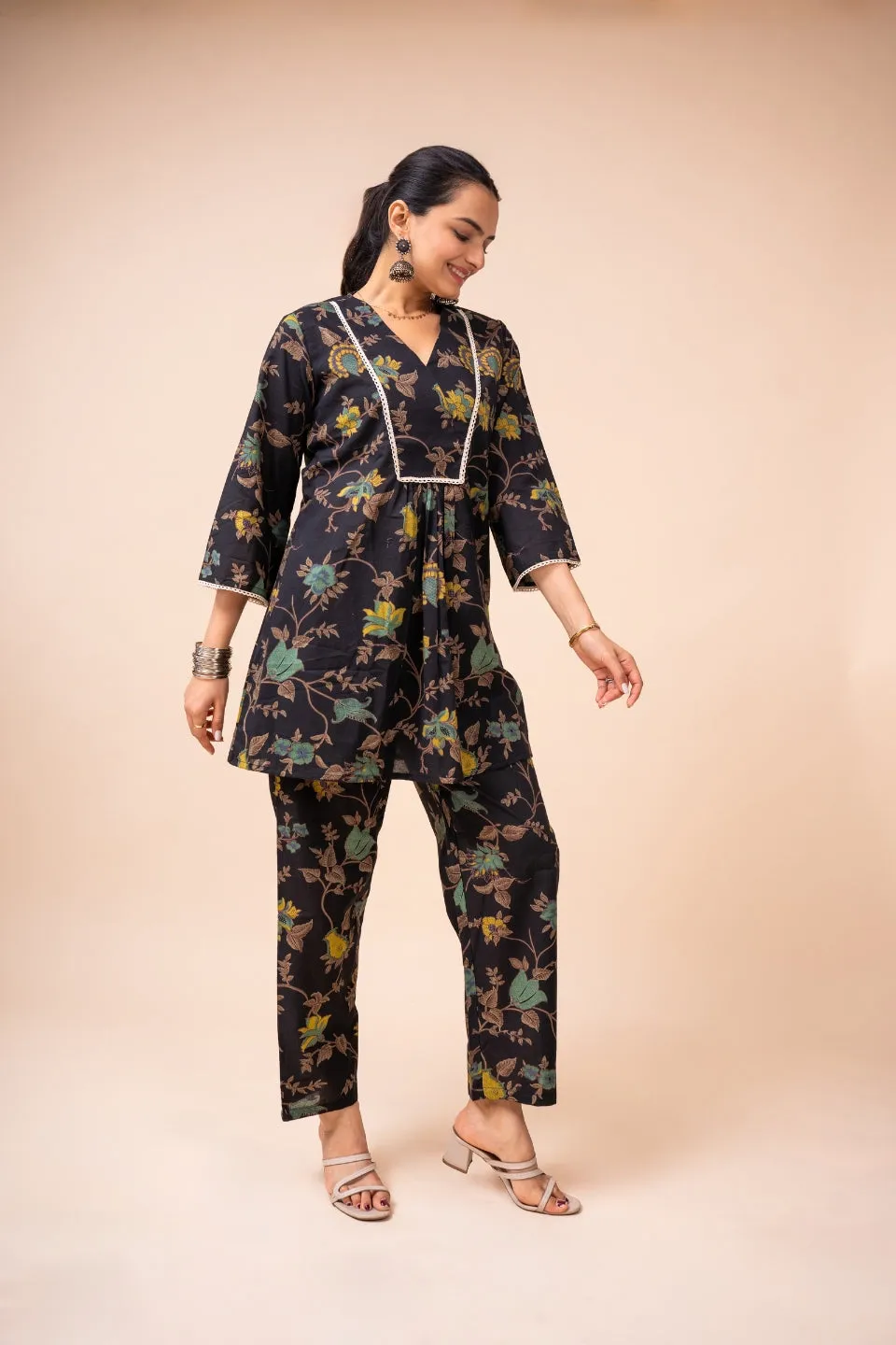 Ekisha's women black multicolor floral printed cotton co-ord set lounge wear