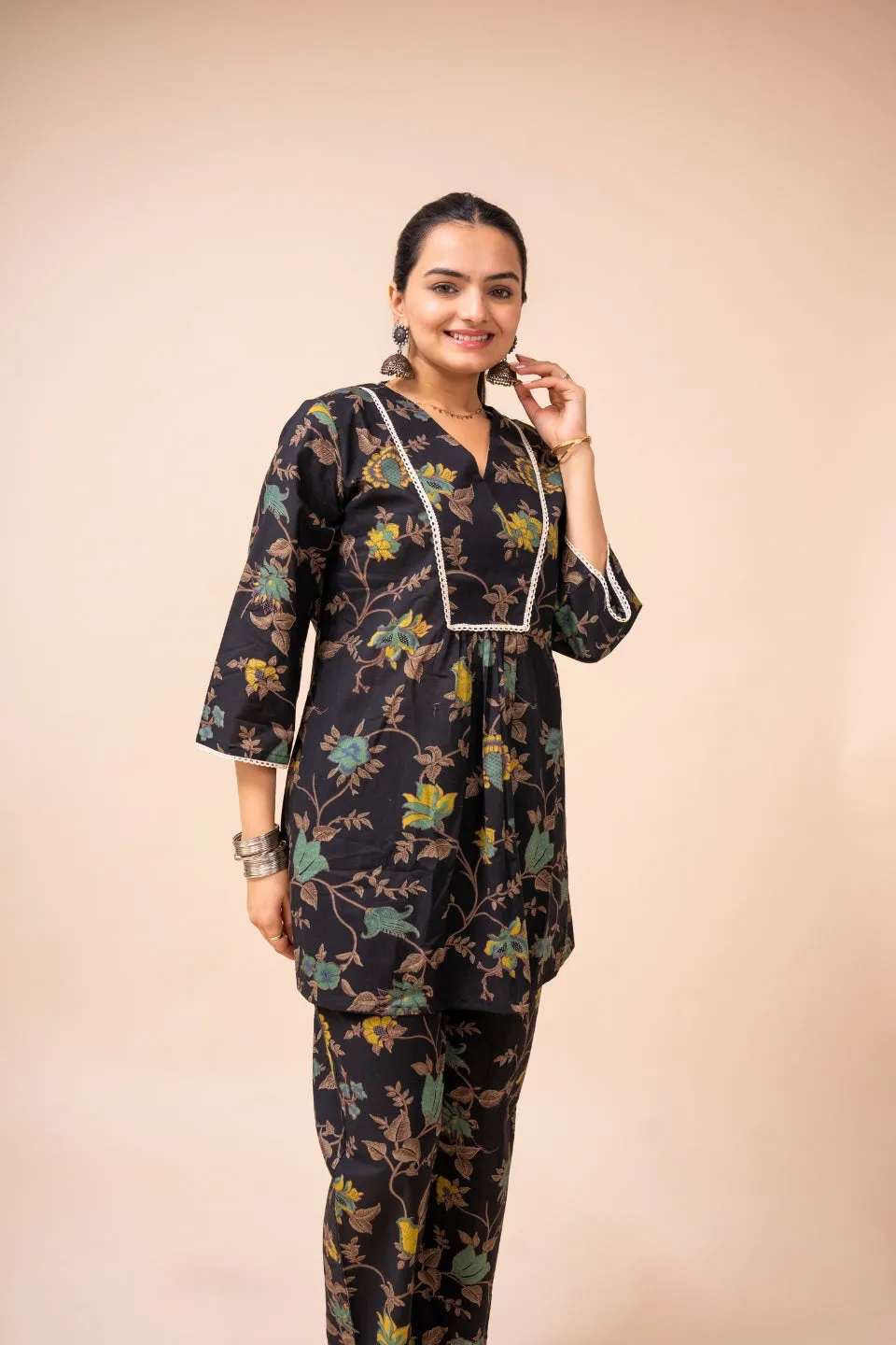 Ekisha's women black multicolor floral printed cotton co-ord set lounge wear