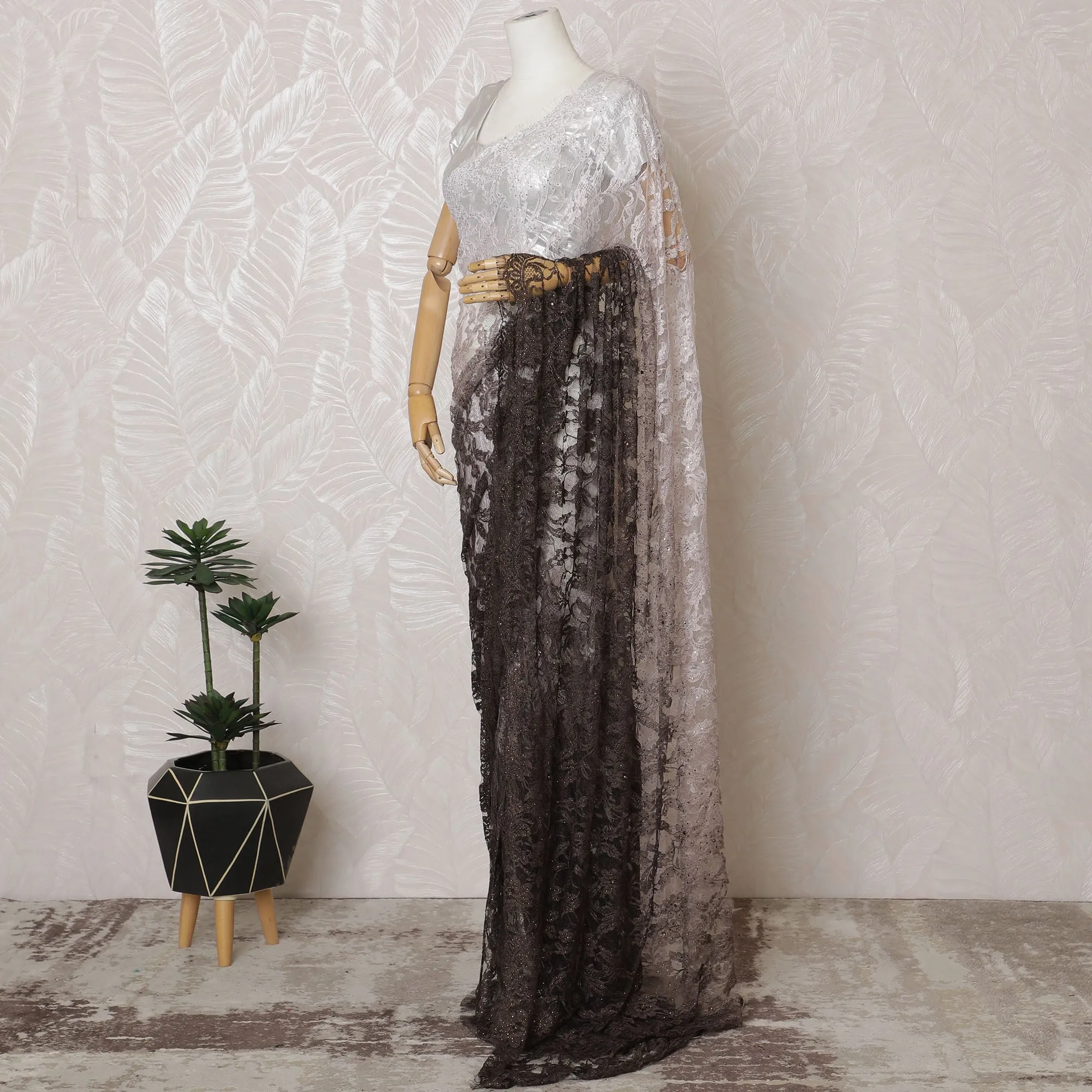 Elegant French Ombre Chantilly Saree Lace with Stone Work - Brown and White, 110 cm Width, 5.5 Mtrs-D19441