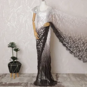 Elegant French Ombre Chantilly Saree Lace with Stone Work - Brown and White, 110 cm Width, 5.5 Mtrs-D19441