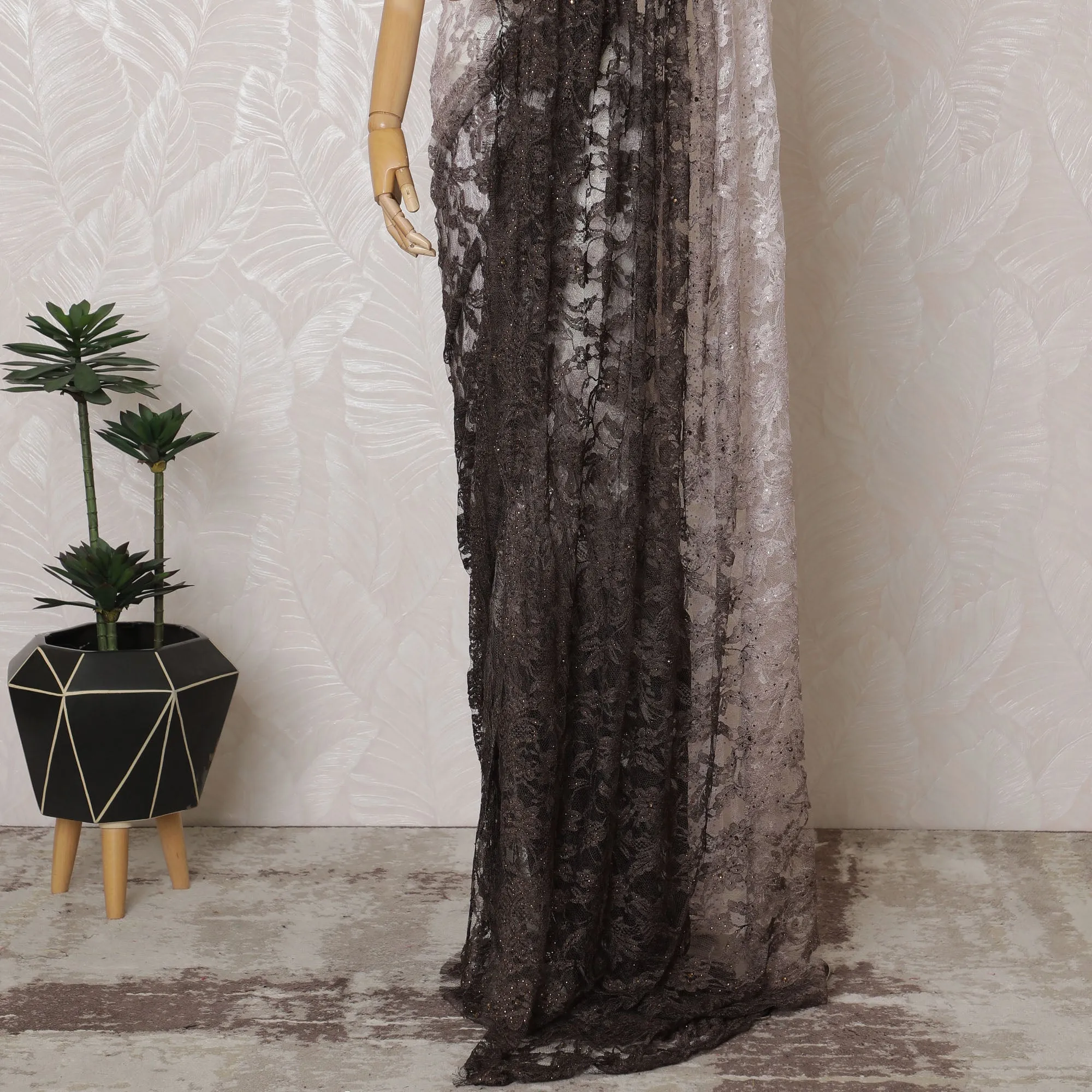 Elegant French Ombre Chantilly Saree Lace with Stone Work - Brown and White, 110 cm Width, 5.5 Mtrs-D19441