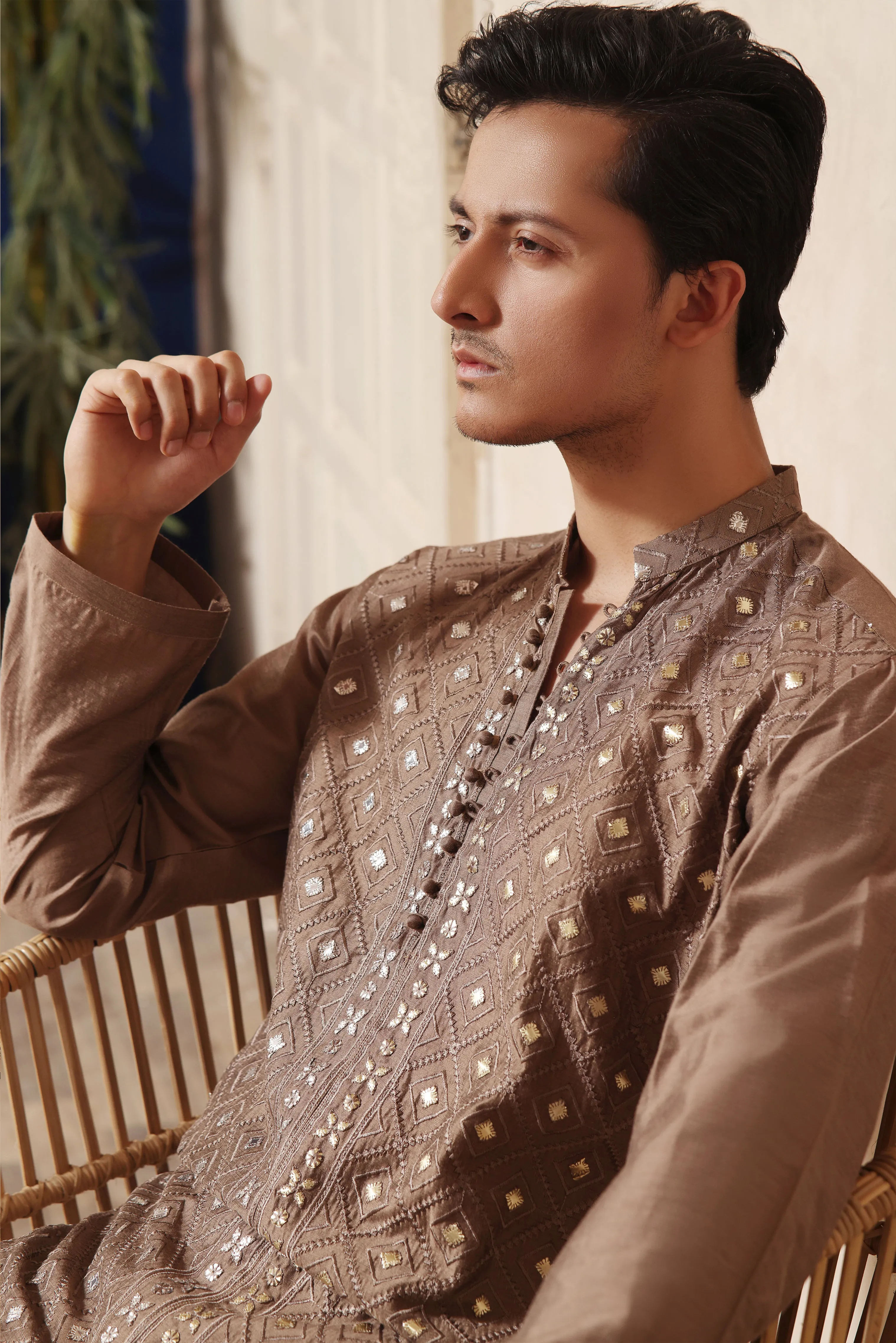 ER KH 652 Fawn Brown Cotton Silk Resham and Mirror Embroidery Kurta pajama For Men