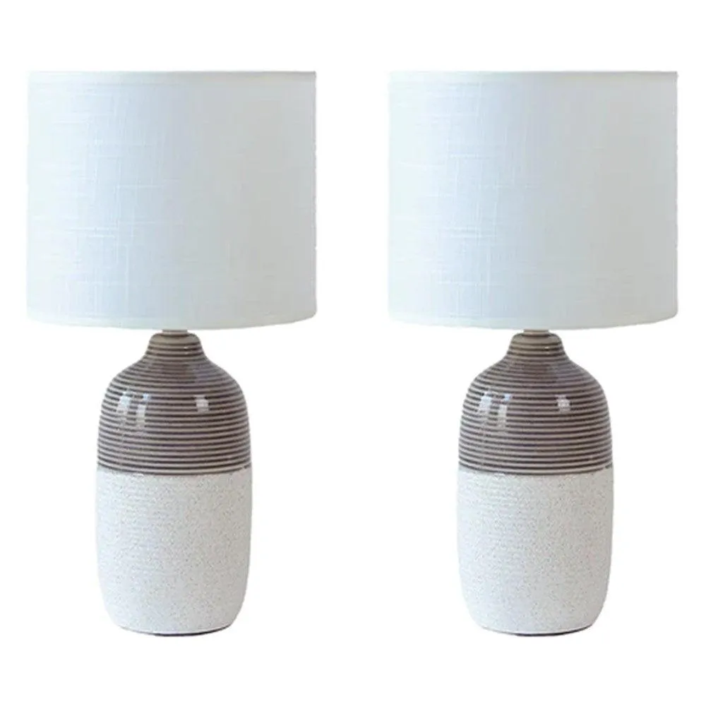 Eva Elegant Ribbed, Ceramic Table Lamp (Set of 2) - White/Grey, Linen Shade, 385mm High, PL0239