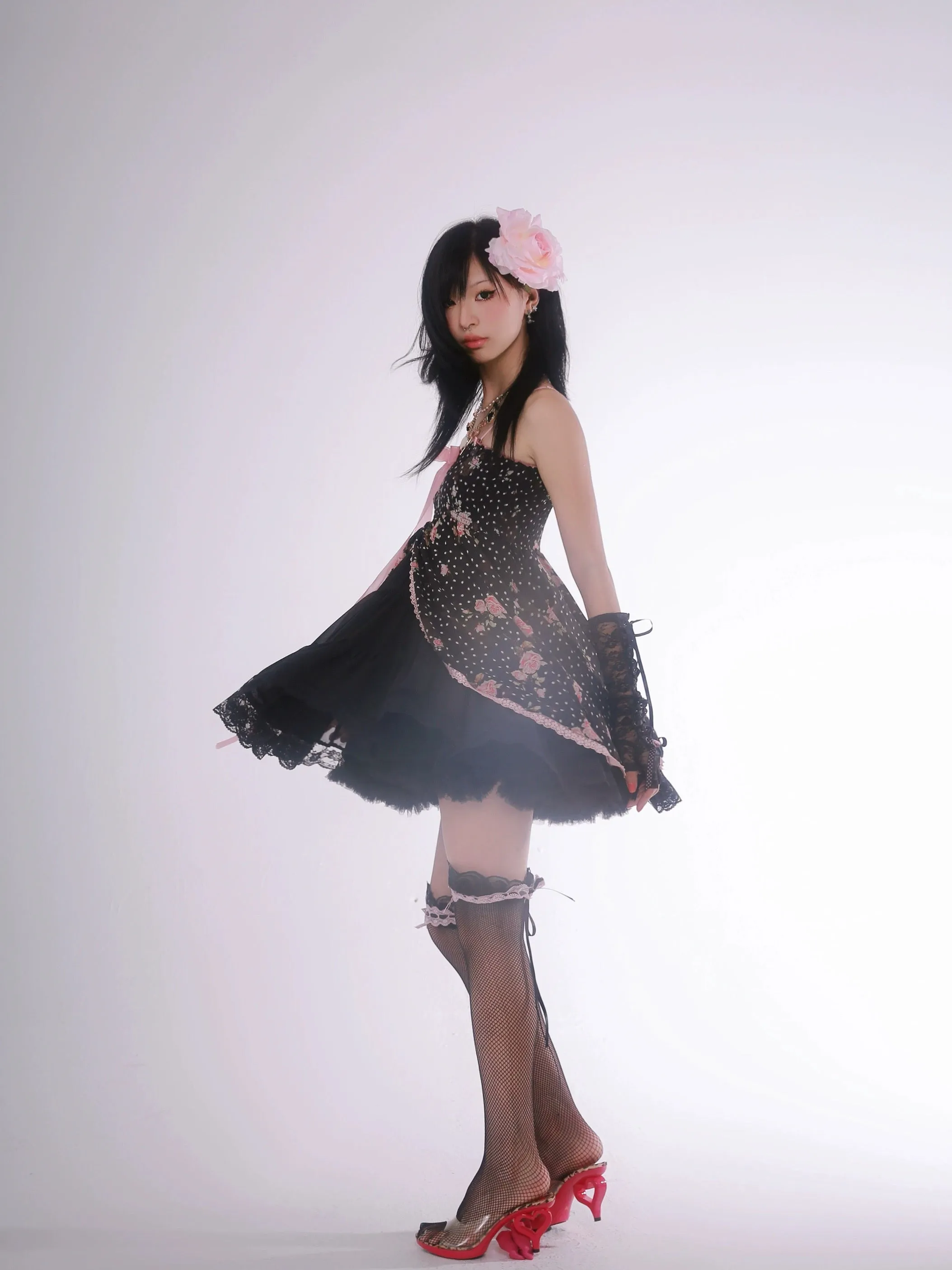 [Evil Tooth] Midnight Rose Gyaru Girl Floral Mini Dress