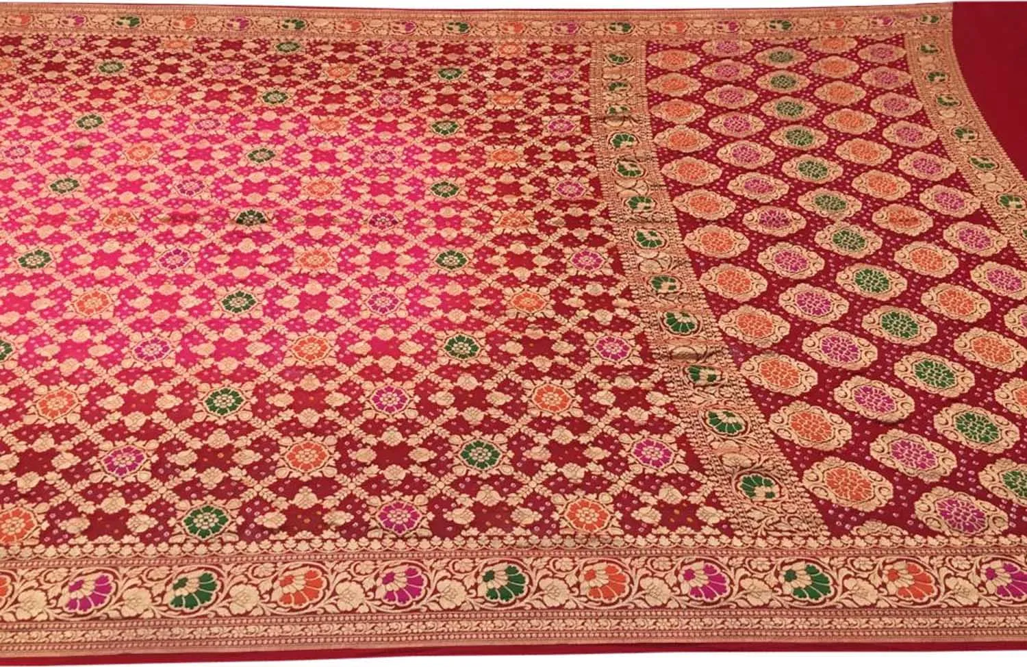 Exquisite Pink & Red Banarasi Bandhani Georgette Saree: A Timeless Elegance