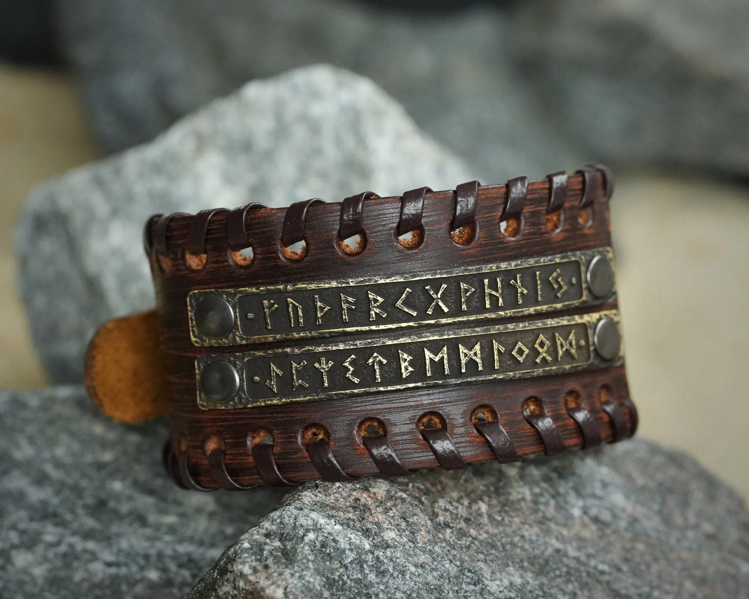 Genuine Leather Bracelet With Viking Rune Futhark Metal Plates For Men Women, Adjustable Wrap, Ethnic Tribal Braided Bracelet Wristbands