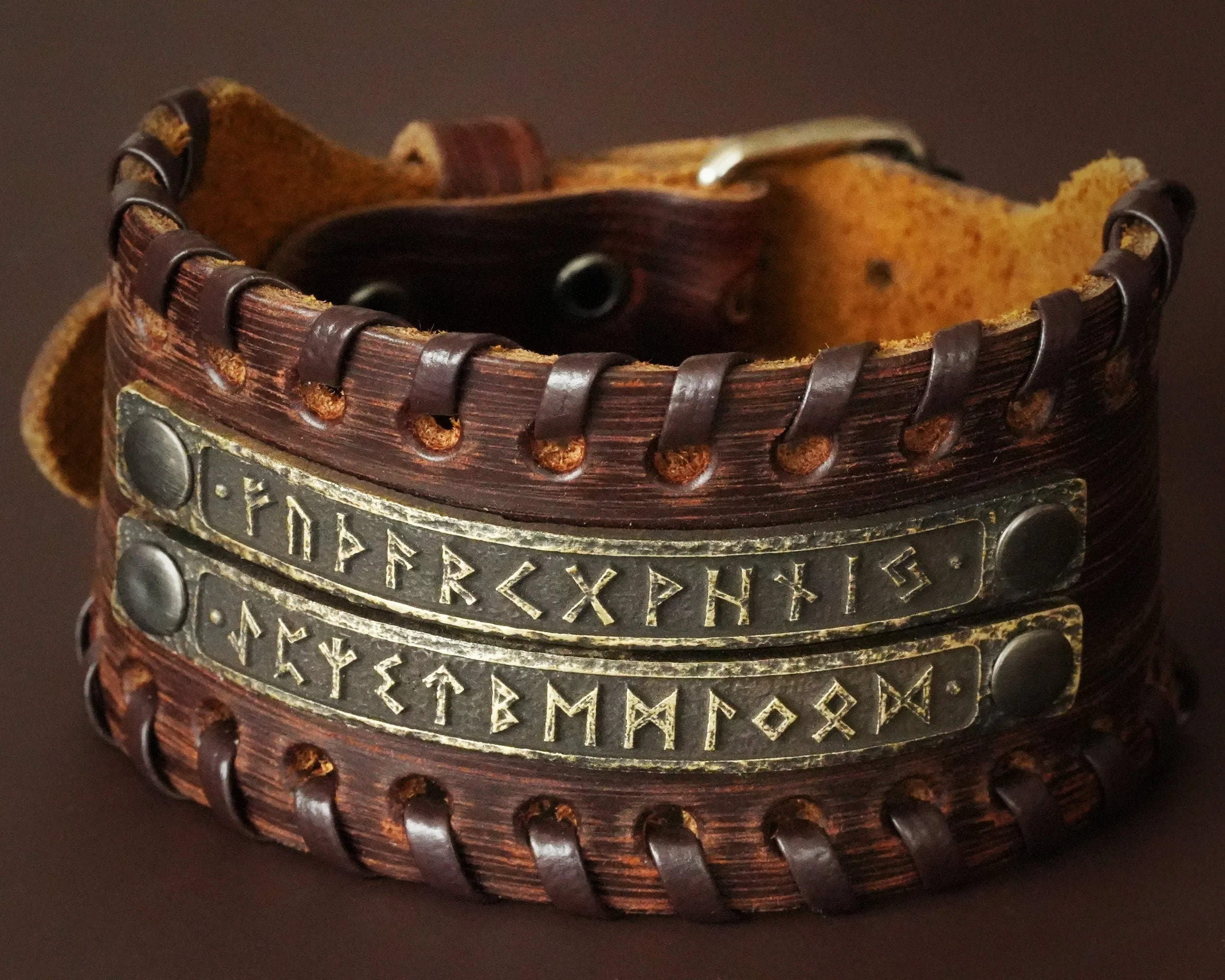 Genuine Leather Bracelet With Viking Rune Futhark Metal Plates For Men Women, Adjustable Wrap, Ethnic Tribal Braided Bracelet Wristbands