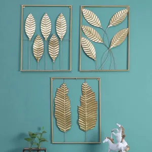 Gold Rectangular Leaves Wall Decor| Gold | Set of 3 | 15 x 12 x 1 inches