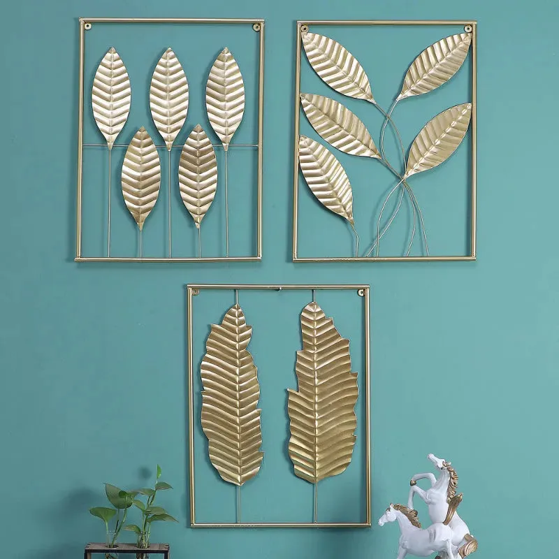 Gold Rectangular Leaves Wall Decor| Gold | Set of 3 | 15 x 12 x 1 inches