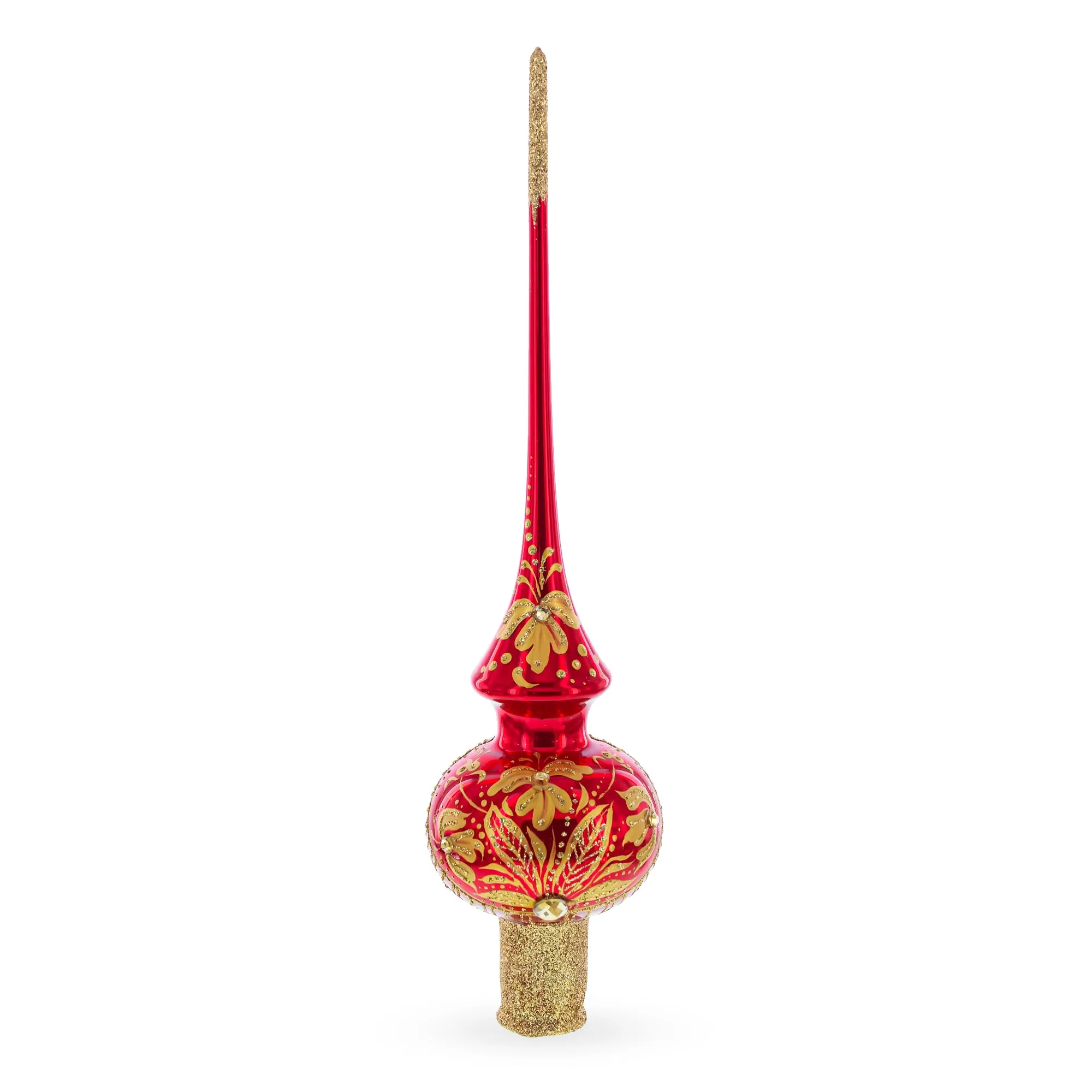 Golden Flowers Bouquet on Glossy Red Mouth Blown Glass Christmas Tree Topper 11 Inches