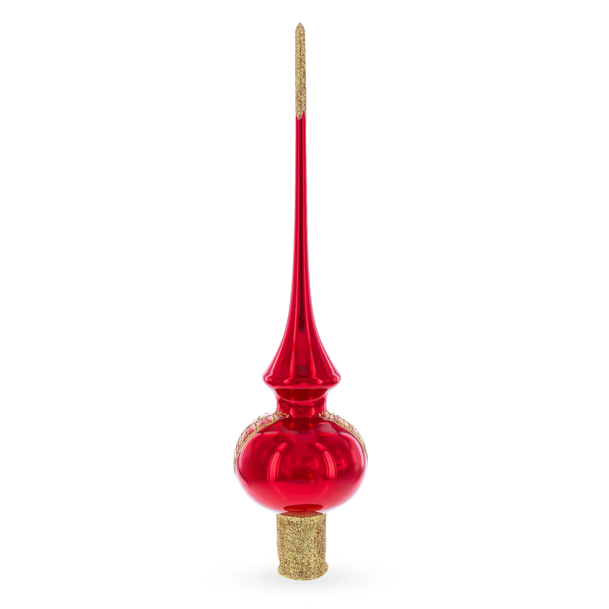 Golden Flowers Bouquet on Glossy Red Mouth Blown Glass Christmas Tree Topper 11 Inches