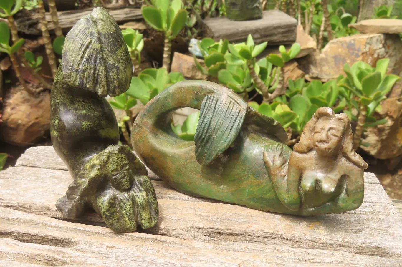 Hand Made Mixed Stone Mermaid Carvings x 2 From Zimbabwe