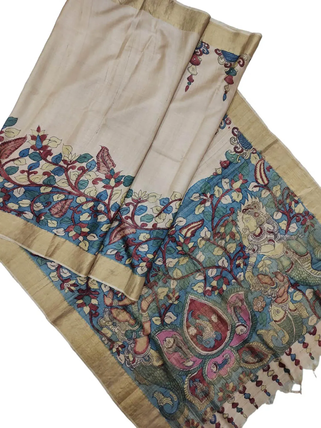 Hand Painted Exquisite Pastel Kalamkari Tussar Silk Saree - Perfect for Any Occasion