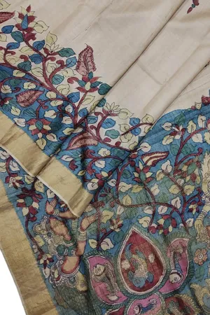 Hand Painted Exquisite Pastel Kalamkari Tussar Silk Saree - Perfect for Any Occasion