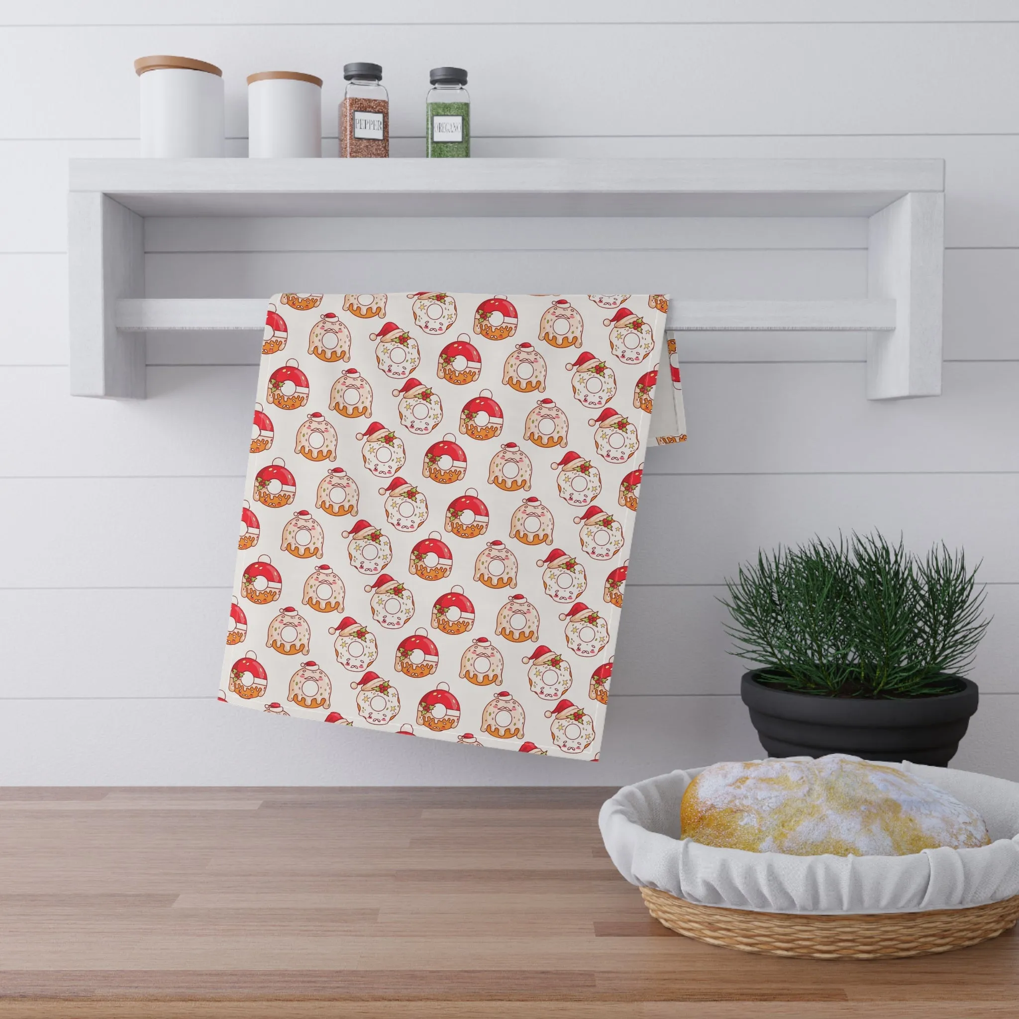 Holiday Donut Kitchen Towel - Christmas Baking Decor - Lightweight & Durable Cotton Twill or Polyester