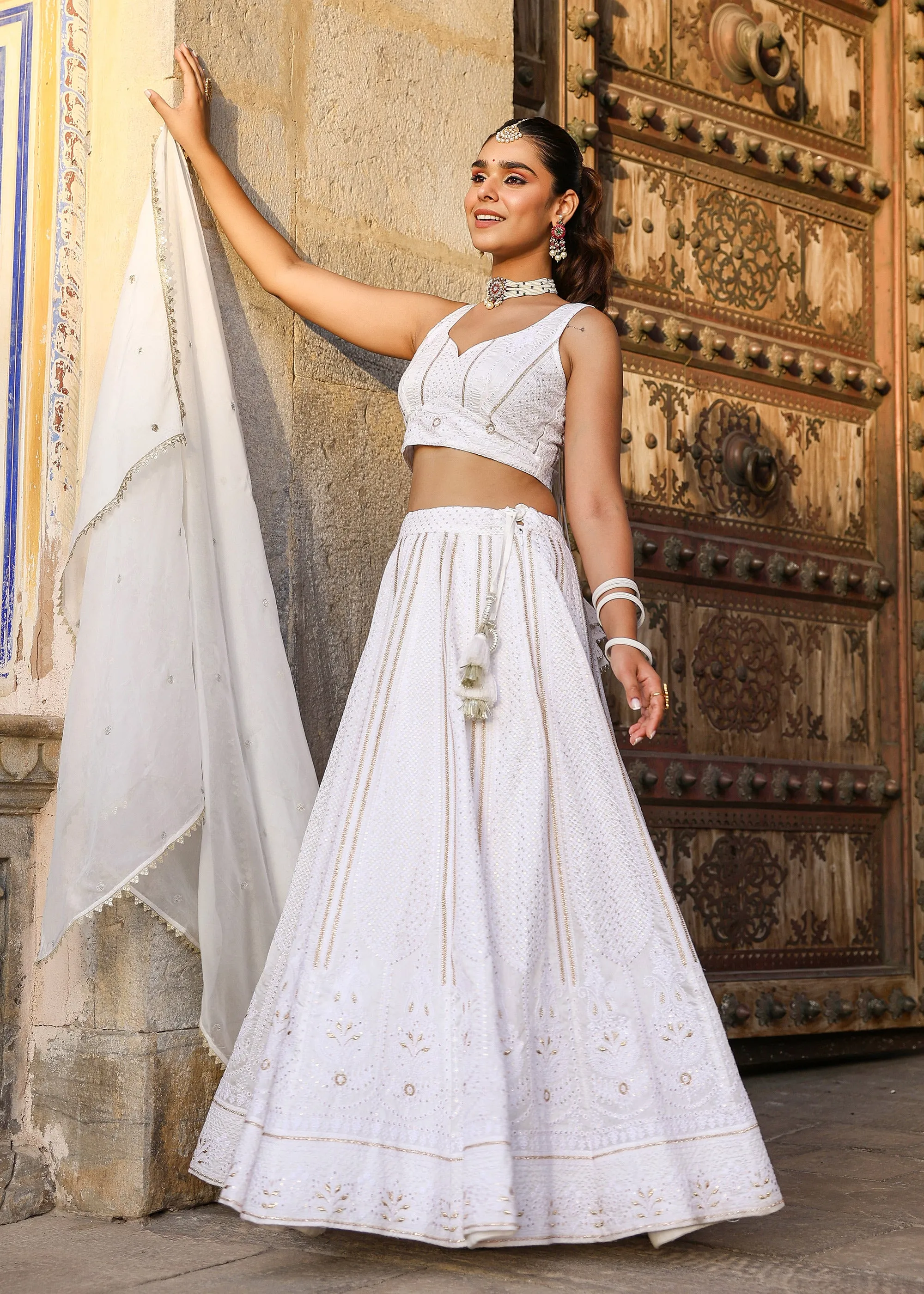 Ishika White Lucknowi Embroidered Lehenga Set