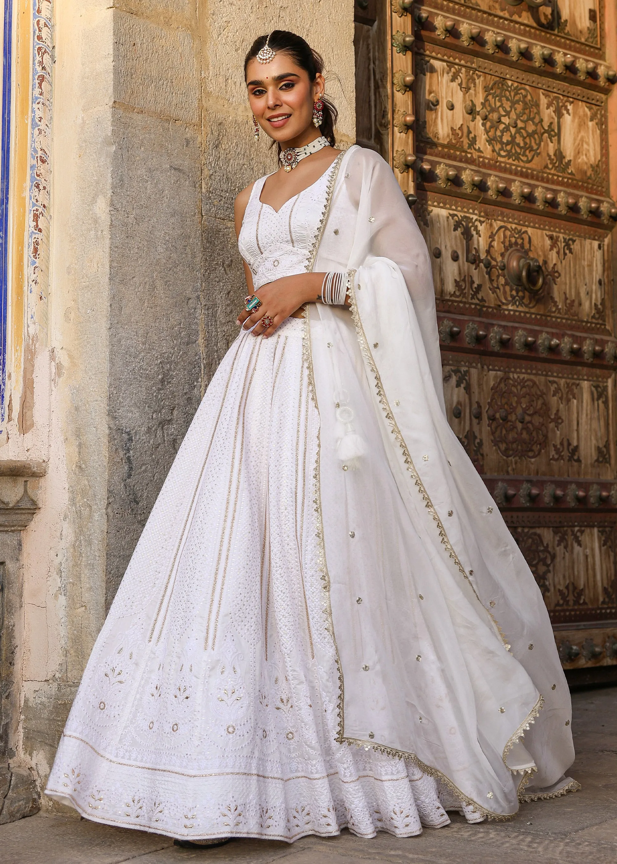 Ishika White Lucknowi Embroidered Lehenga Set