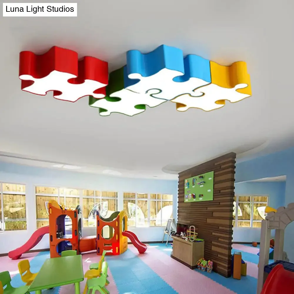 Kids Style Jigsaw Puzzles Ceiling Flush Light - Acrylic LED Flushmount in Red/Yellow & White