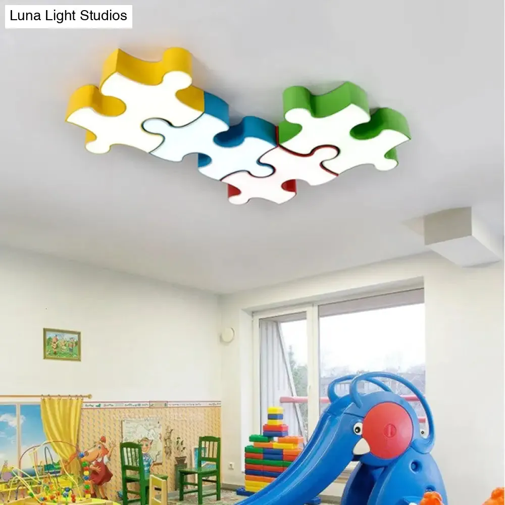 Kids Style Jigsaw Puzzles Ceiling Flush Light - Acrylic LED Flushmount in Red/Yellow & White